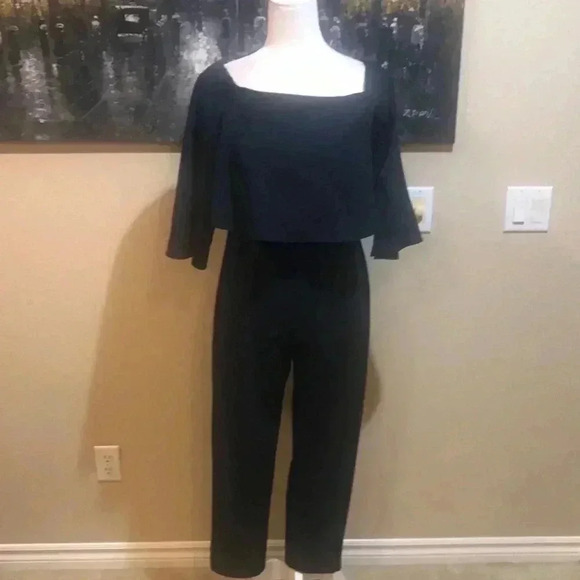 ASOS Navy Split Bell Sleeves Faux Top On/Off Shoulder Zipper Back Jumpsuit-Sz 4 - Picture 1 of 16